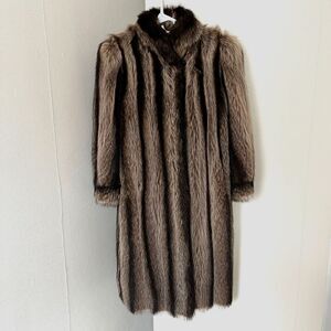Raccoon Fur Coat Genuine Vintage Women's Tan Dark Brown Real Medium Large 3/4